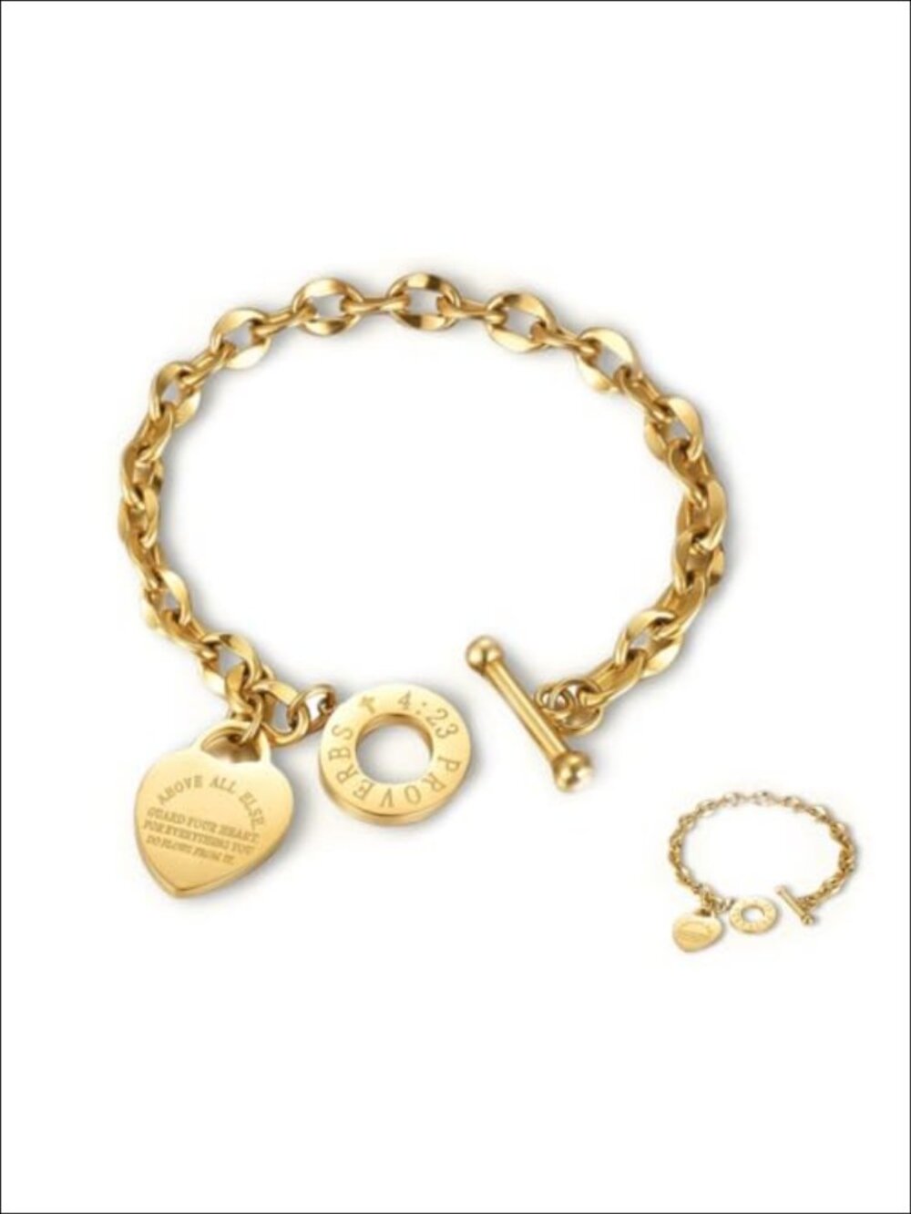 18K Gold Plated Heart Charm Bracelet Stainless Steel Link Chain Scripture